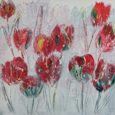 Tulpen in de sneeuw - Acryl op doek - 50 x 50