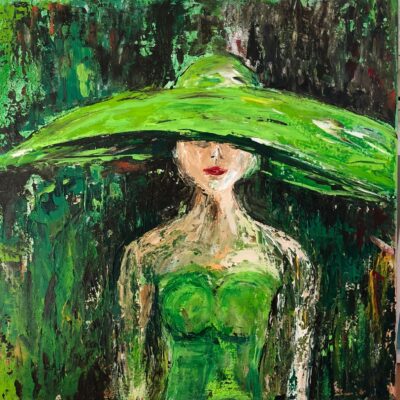 Dame met groene hoed 40x40 Acryl op doek